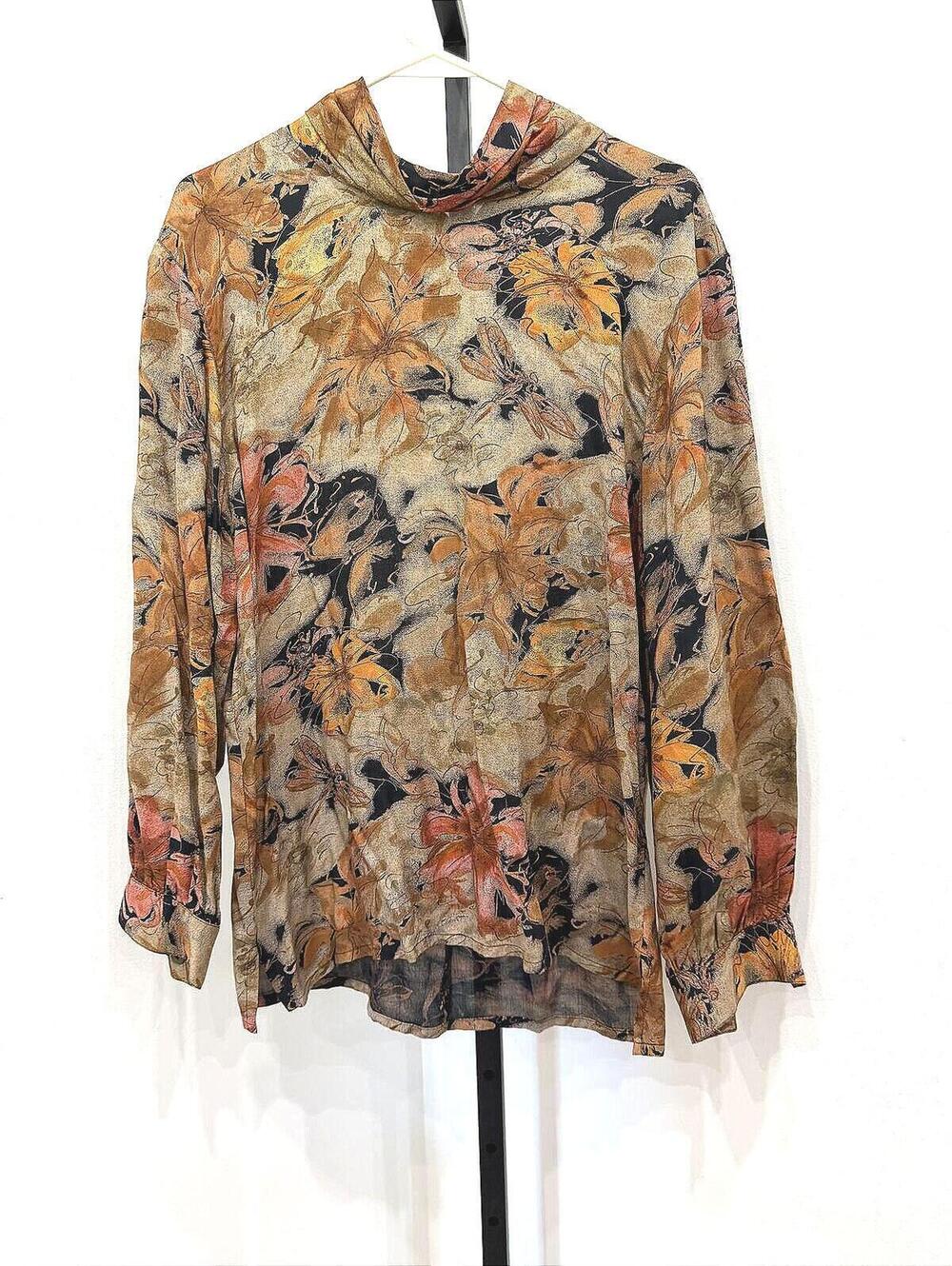 Vintage Tony Lambert Collections Long Sleeve Fall Leaf Print Blouse High Neck